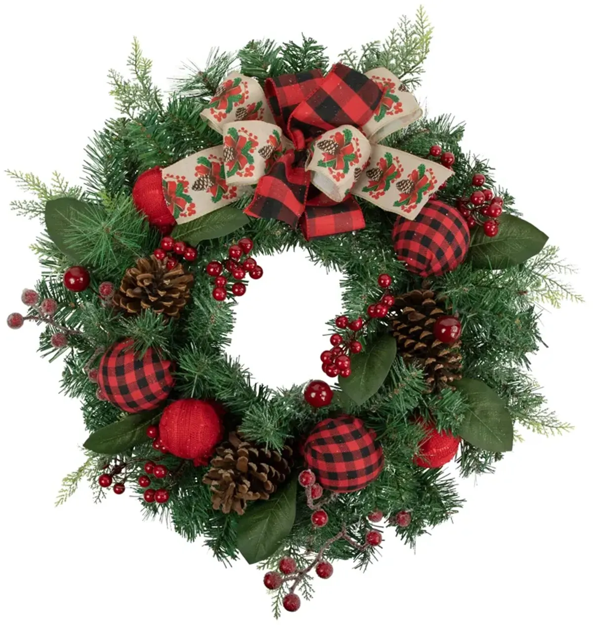 Green Pine Artificial Christmas Wreath with Bows and Plaid Ornaments  24-Inch  Unlit