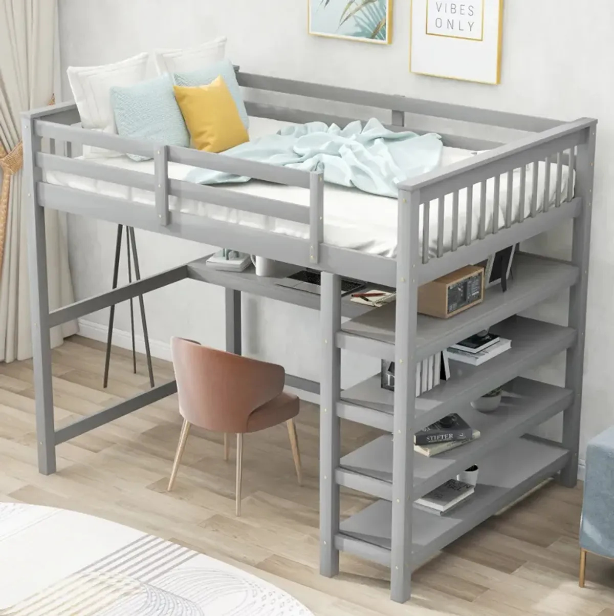 Full Size Loft Bed With Storage Shelves And Under-Bed Desk