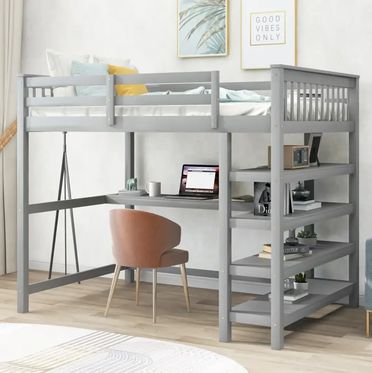 Full Size Loft Bed With Storage Shelves And Under-Bed Desk