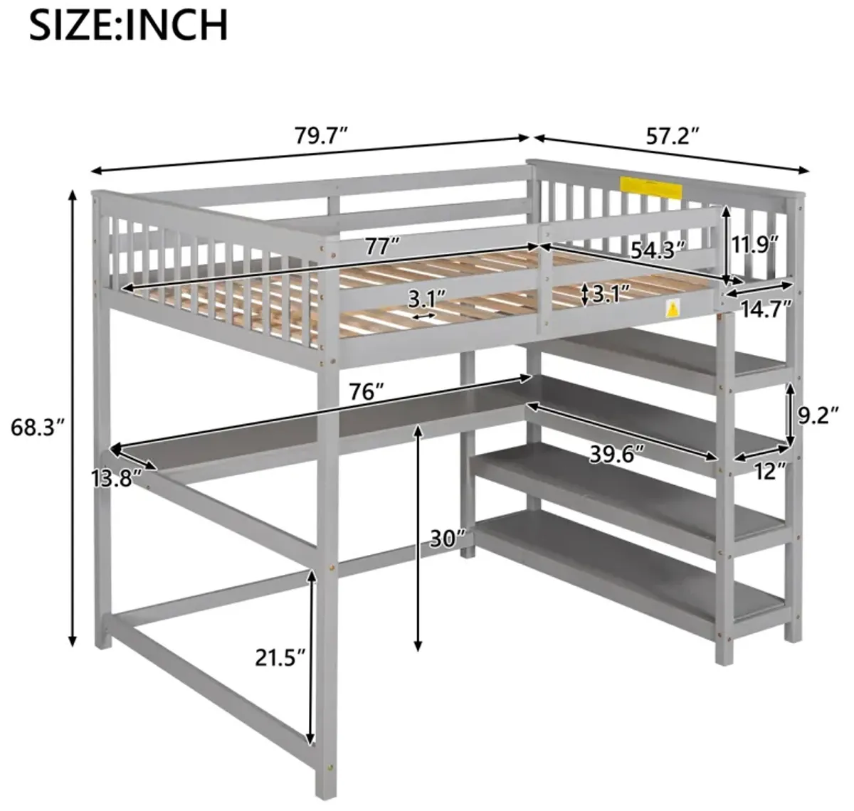 Full Size Loft Bed With Storage Shelves And Under-Bed Desk