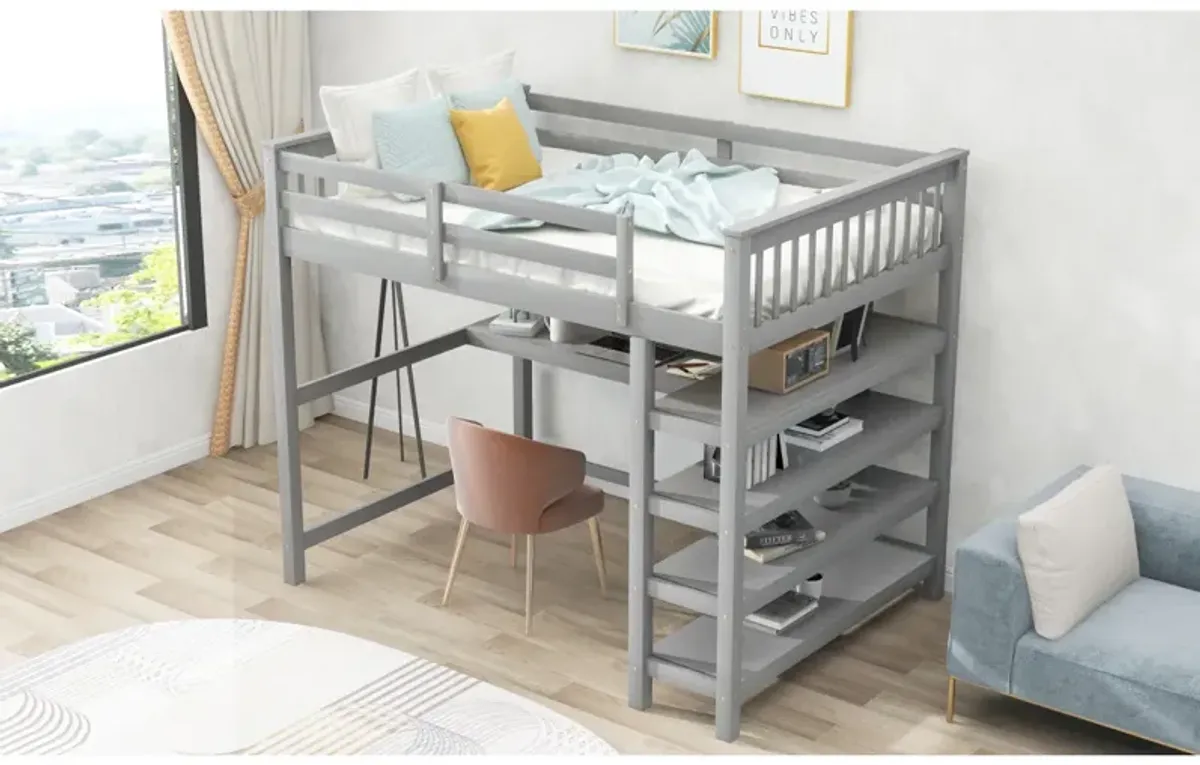 Full Size Loft Bed With Storage Shelves And Under-Bed Desk