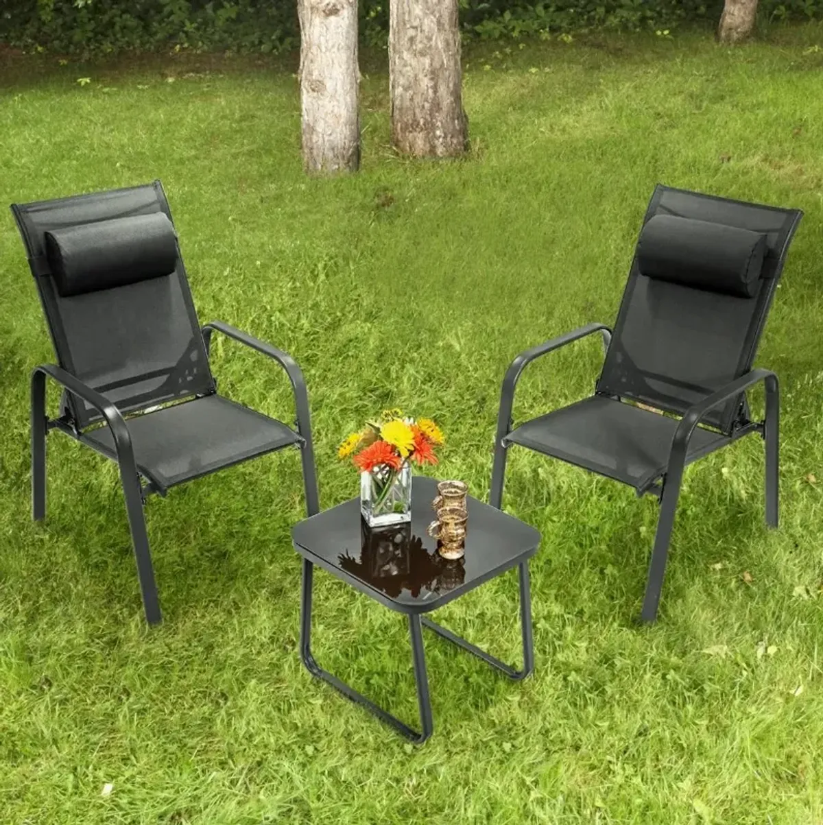 3 Pieces Patio Bistro Furniture Set with Adjustable Backrest