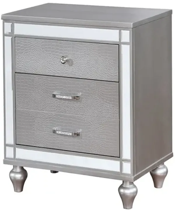 Three Drawer Solid Wood Nightstand with Mirror Accent Trim Front, Silver-Benzara
