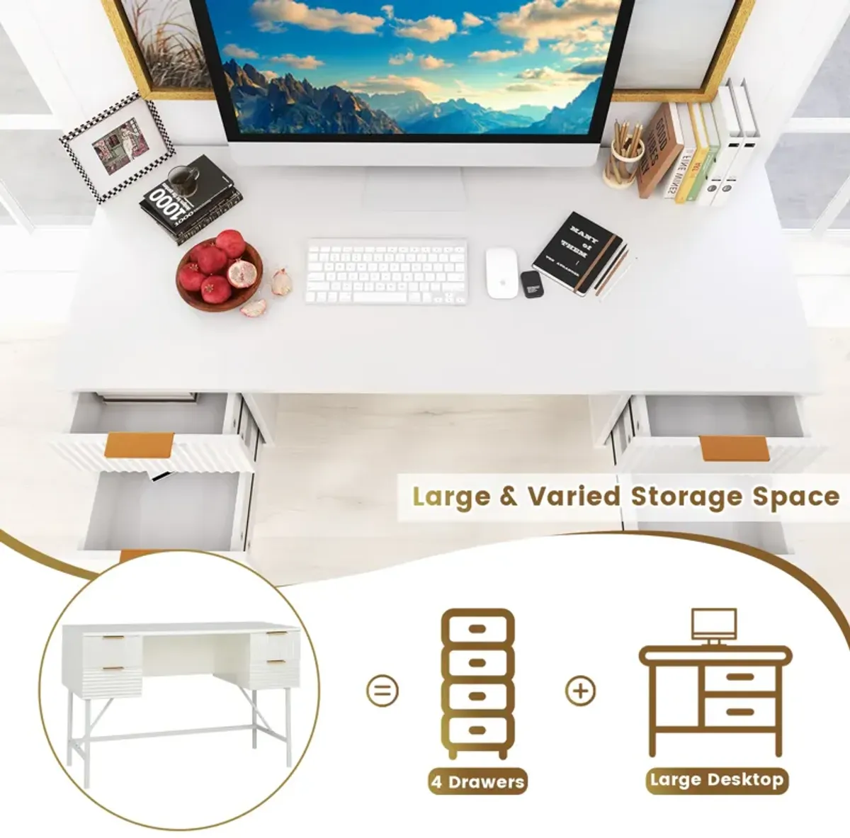 48 Inch Home Office Computer Desk with 4 Drawers-White