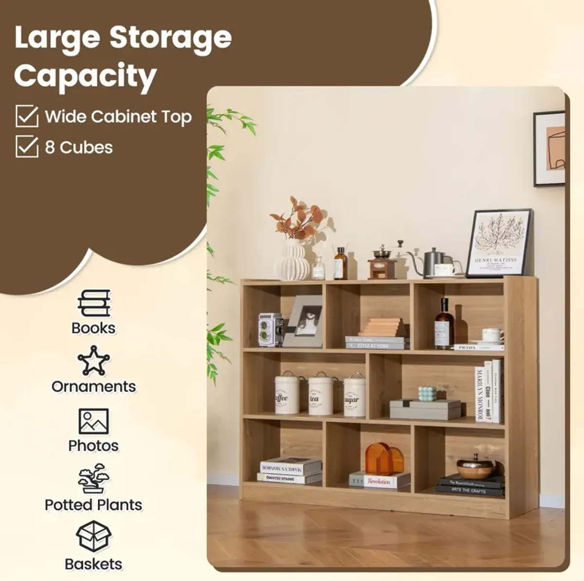 3-Tier Open Bookcase 8-Cube Floor Standing Storage Shelves Display Cabinet