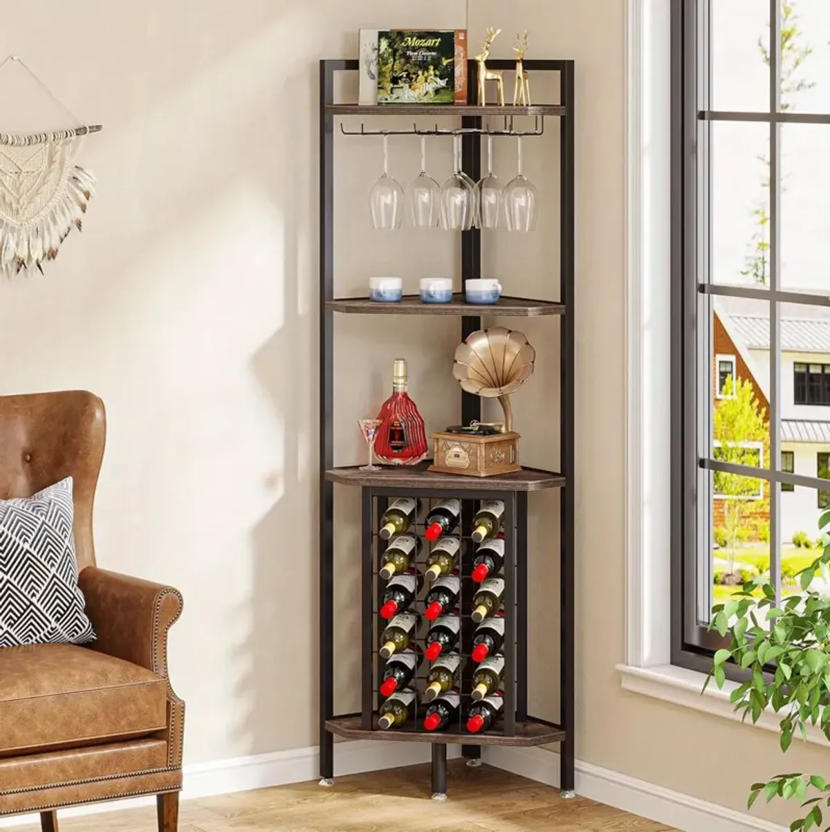 Corner Wine Rack with Glass Holder and Storage Shelves, 4 Tier Corner Bar Corner Wine Cabinet, Modern Corner Wine Shelf for Living Room, Small Space (Brown)