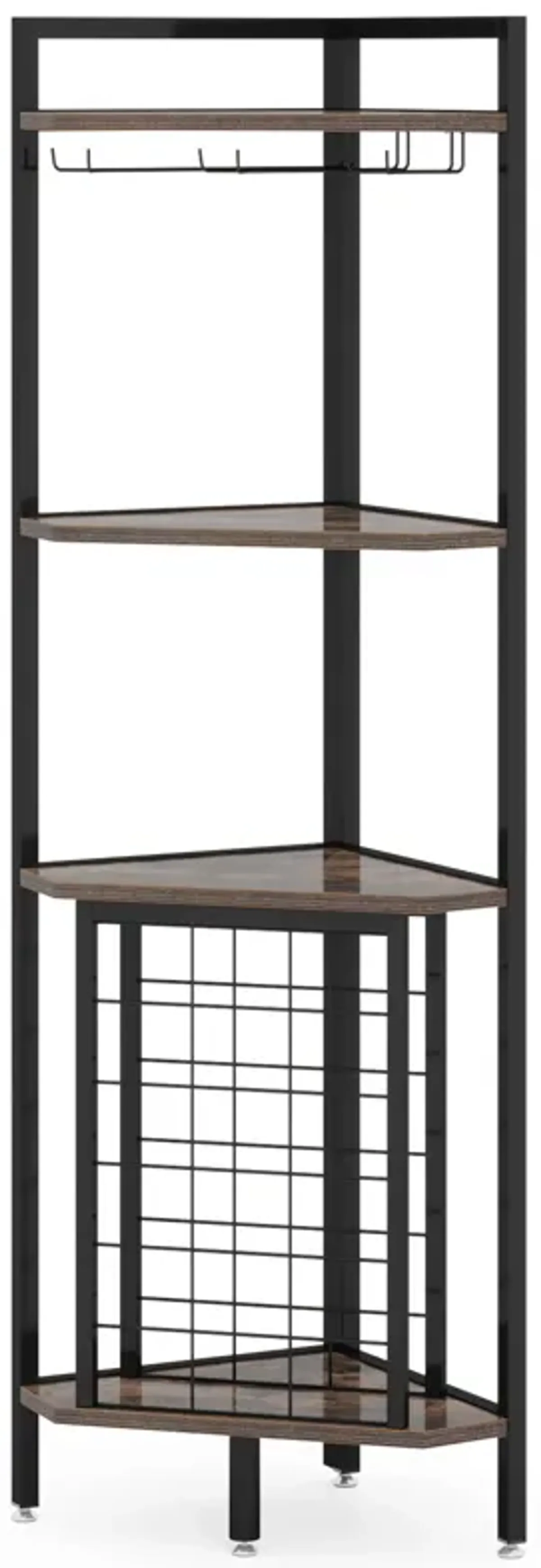 Corner Wine Rack with Glass Holder and Storage Shelves, 4 Tier Corner Bar Corner Wine Cabinet, Modern Corner Wine Shelf for Living Room, Small Space (Brown)
