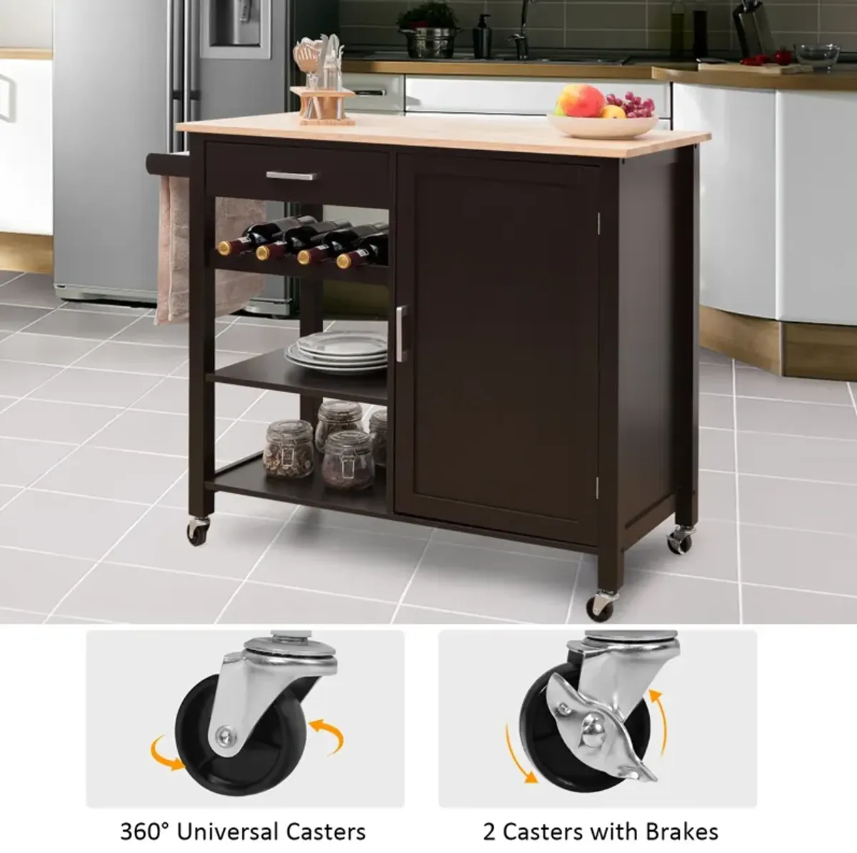 Kitchen Island Cart Rolling Serving Cart Wood Trolley-Brown