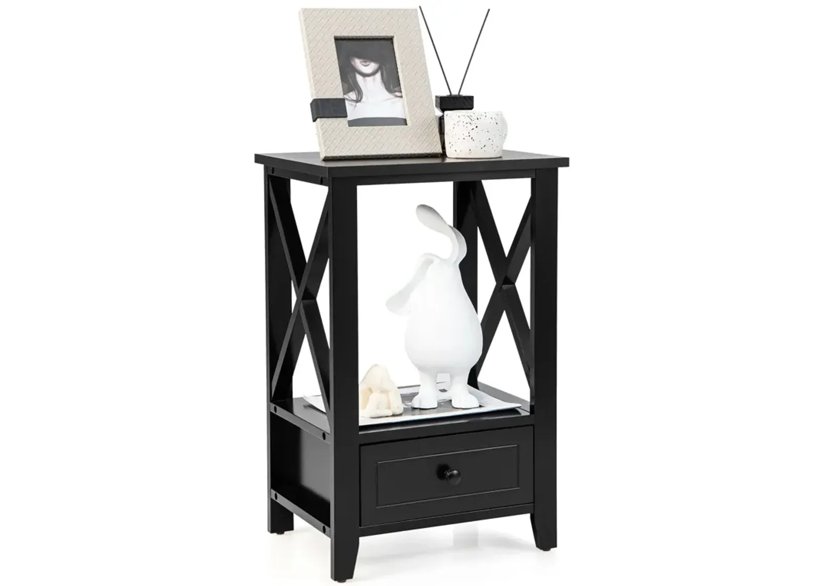 2-Tier 16 x 14 Inch Multifunctional Nightstand with Storage Drawer-Black