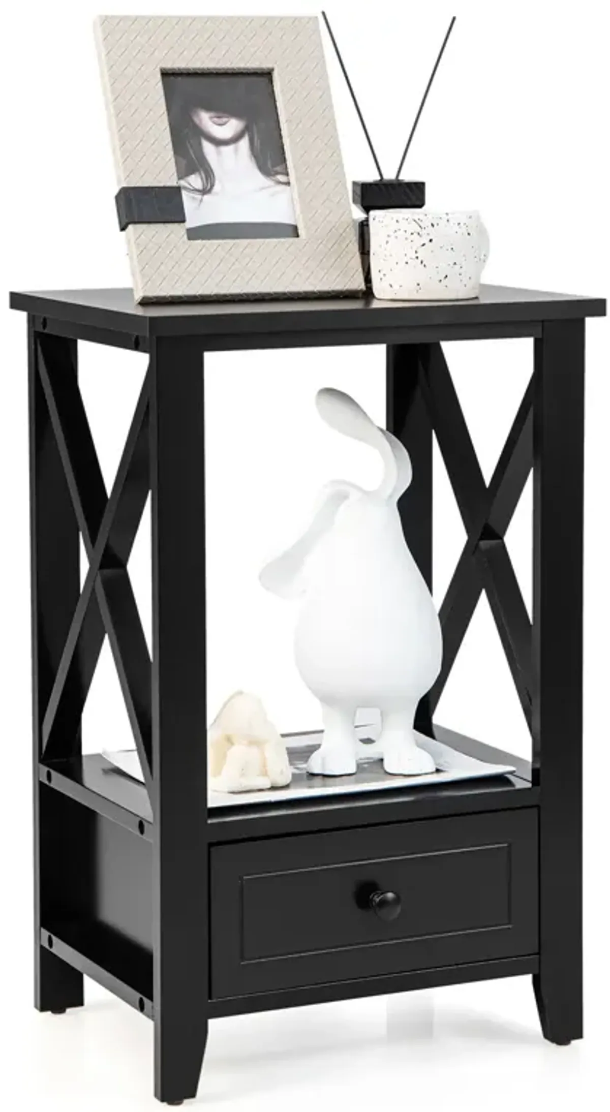 2-Tier 16 x 14 Inch Multifunctional Nightstand with Storage Drawer-Black