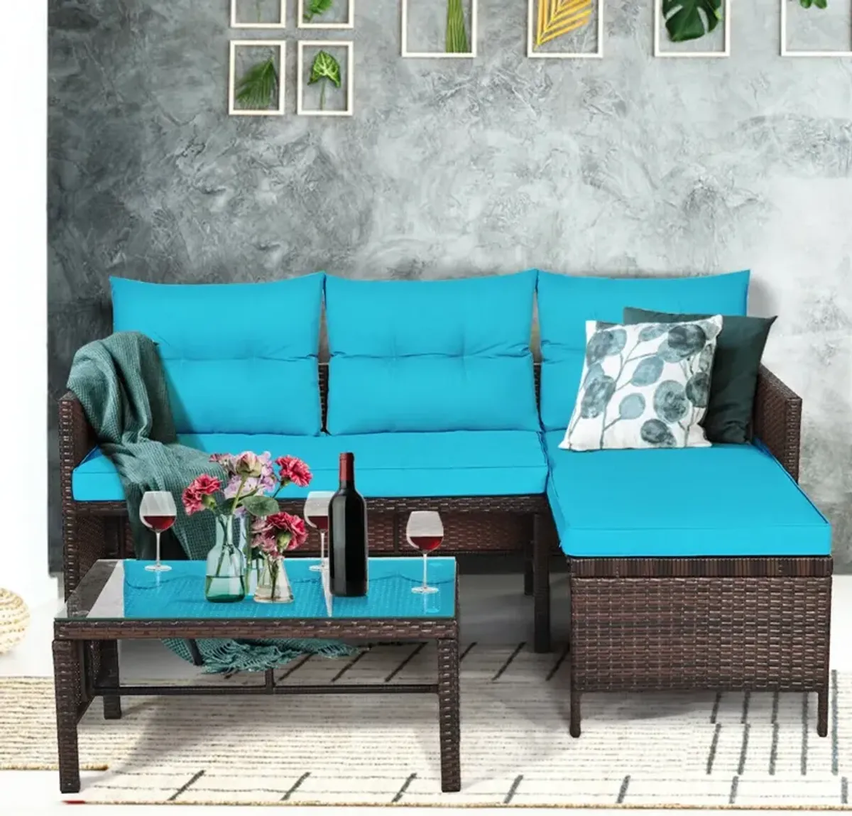 3 Pieces Patio Wicker Rattan Sofa Set