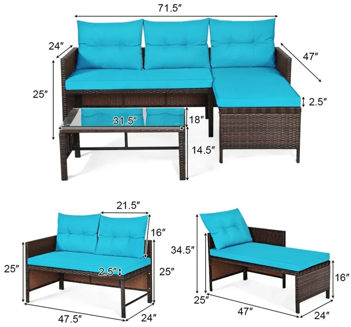 3 Pieces Patio Wicker Rattan Sofa Set