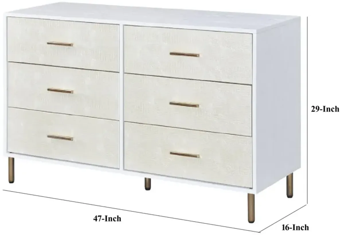 Emily 47 Inch Wood Side Dresser with 6 Drawers, Metal Bar Handles, White-Benzara