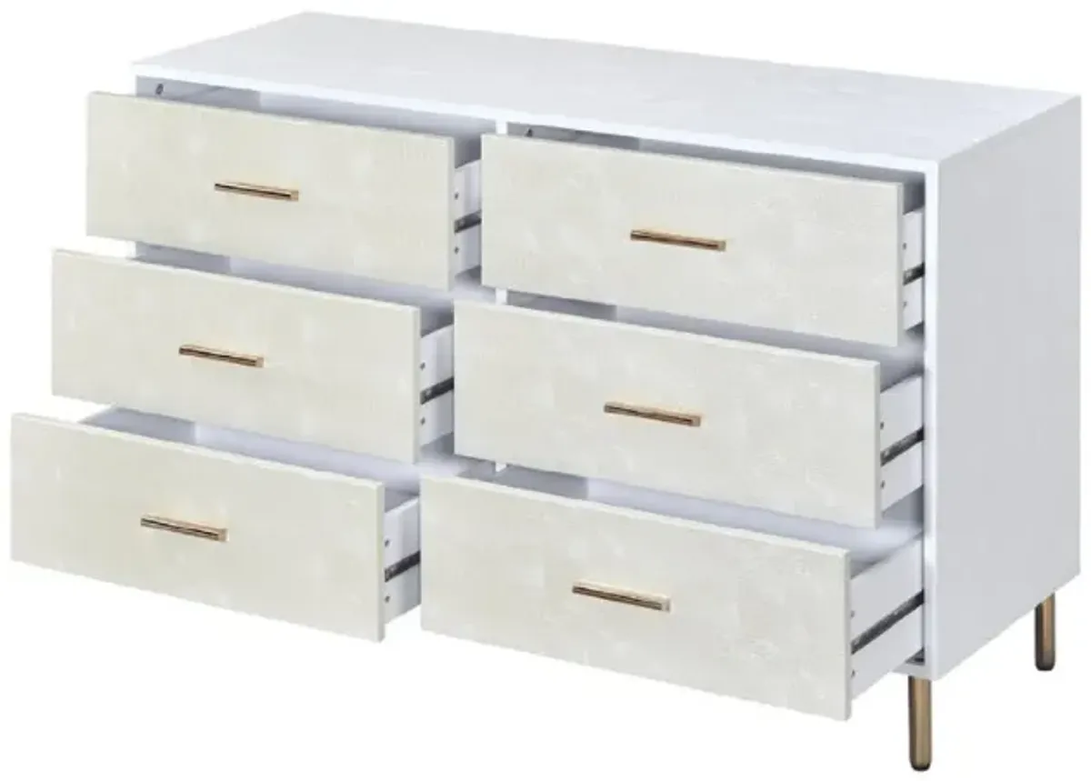 Emily 47 Inch Wood Side Dresser with 6 Drawers, Metal Bar Handles, White-Benzara