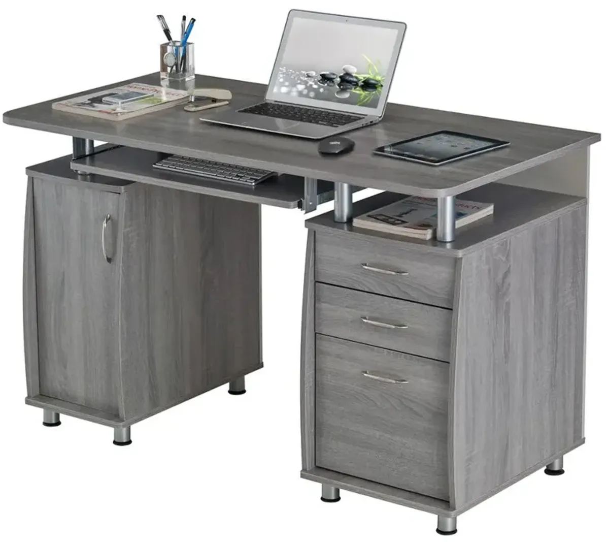 Techni Mobili Complete Workstation Computer Desk with Storage. Color: Grey