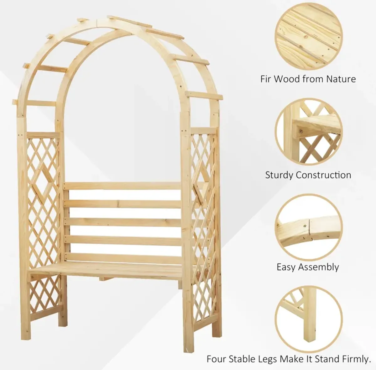 Outdoor Climbing Support: Wood Garden Arch with Bench and Trellis