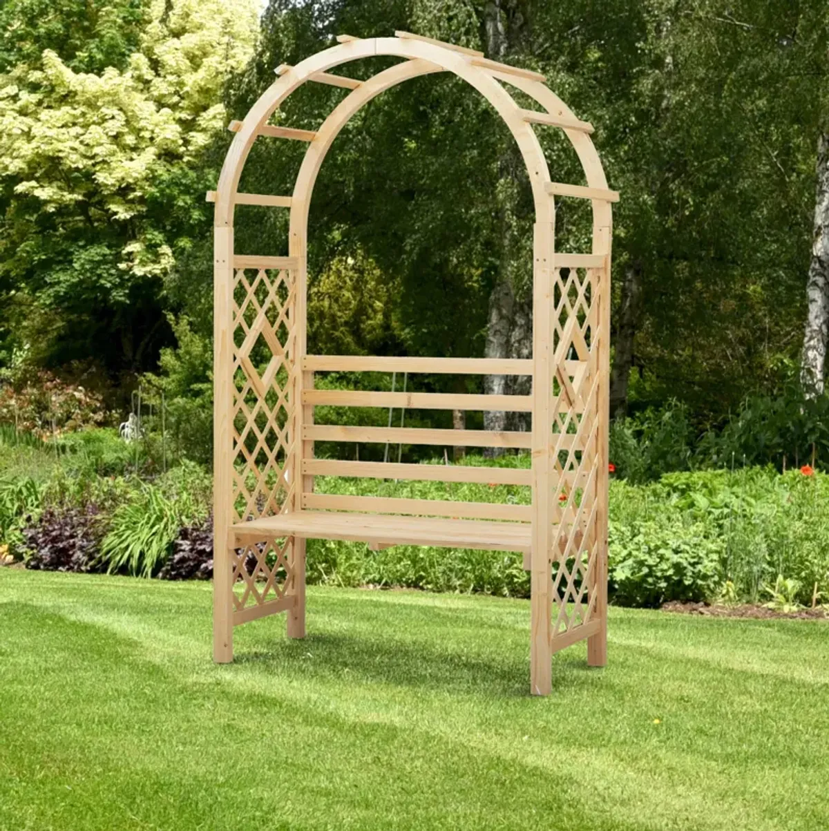 Outdoor Climbing Support: Wood Garden Arch with Bench and Trellis