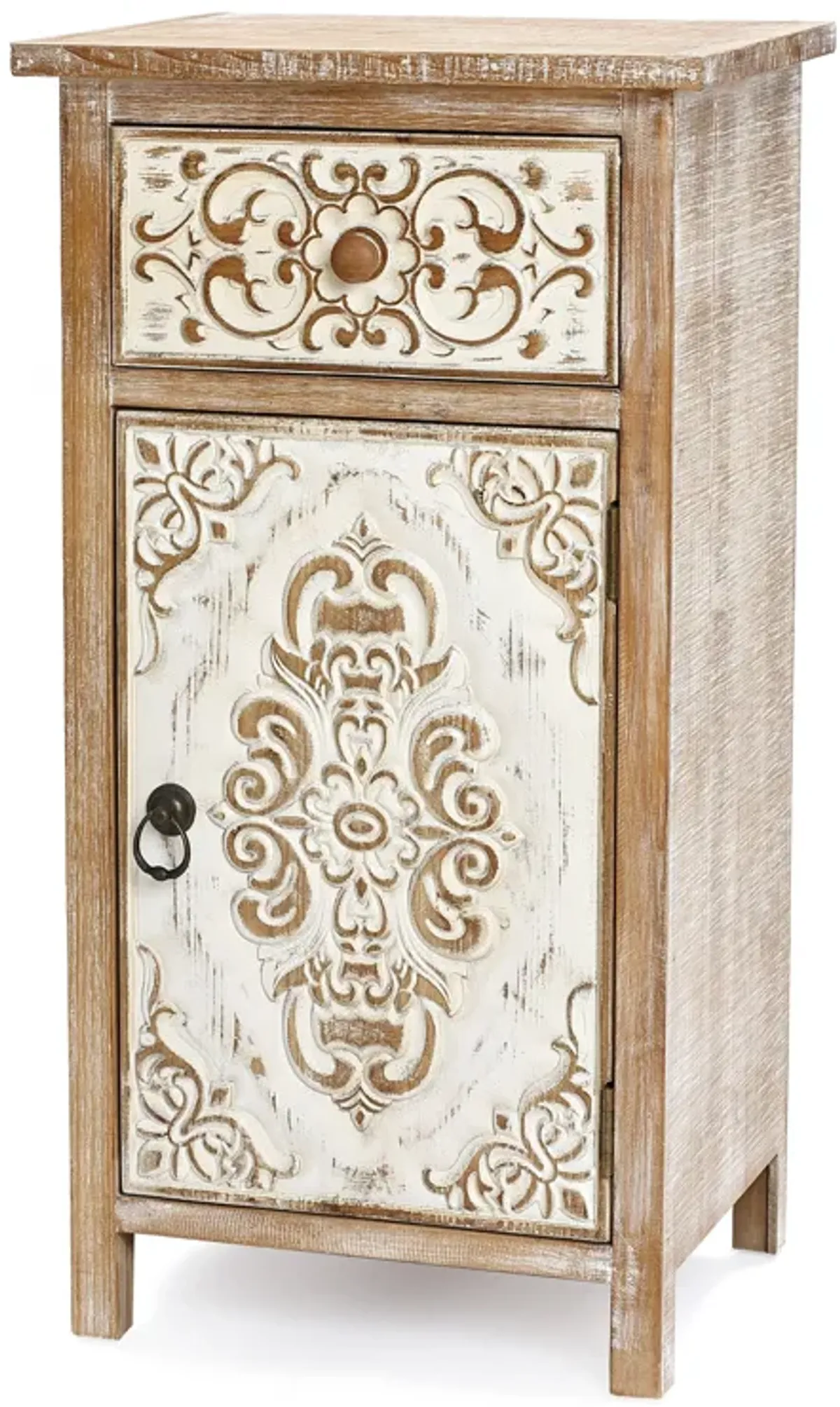 LuxenHome Floral Carved Wood 1-Door 1-Drawer End Table with Storage