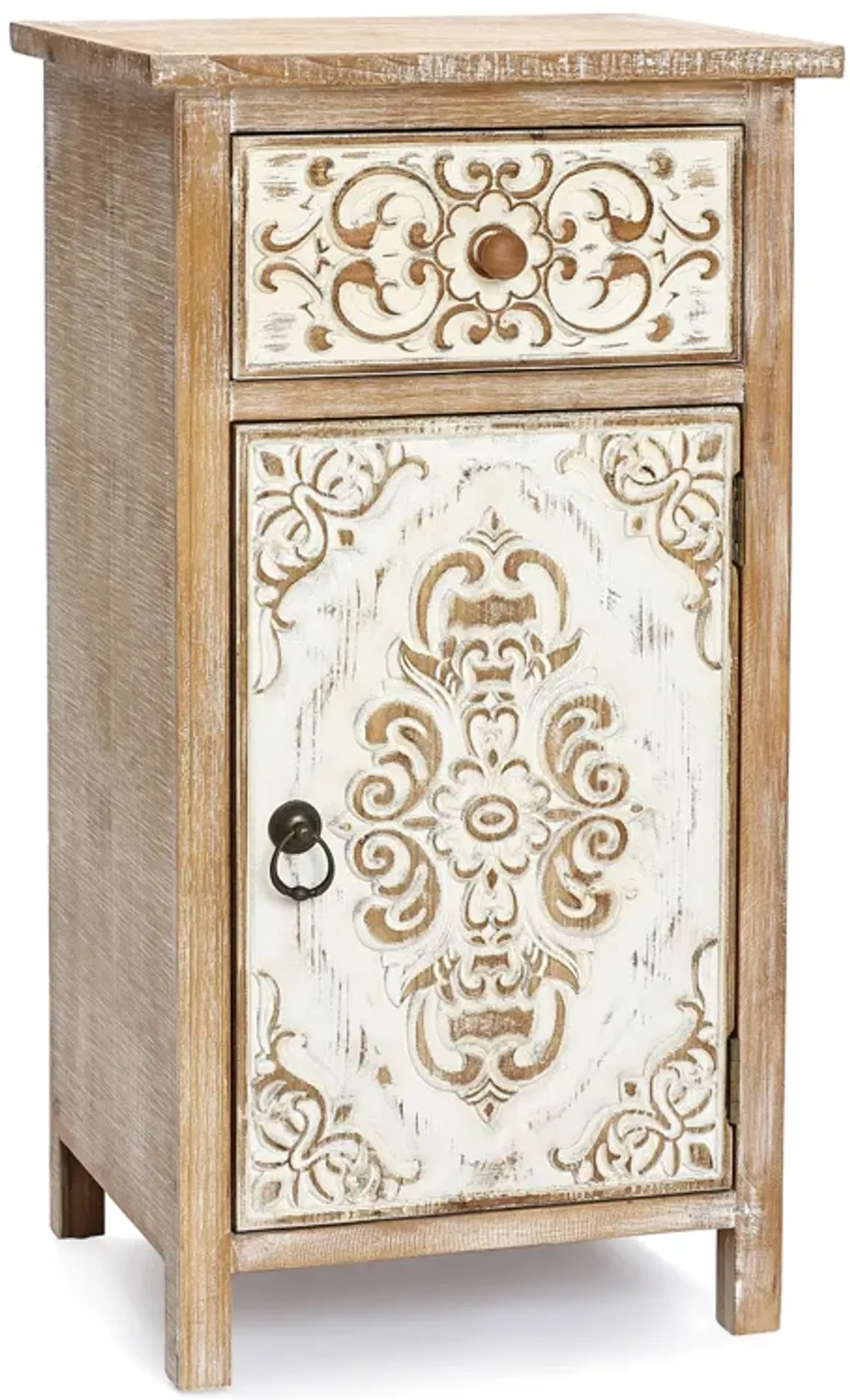 LuxenHome Floral Carved Wood 1-Door 1-Drawer End Table with Storage