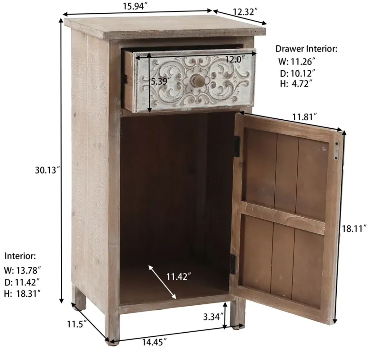 LuxenHome Floral Carved Wood 1-Door 1-Drawer End Table with Storage