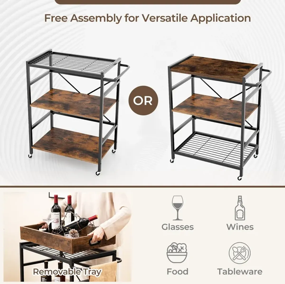 3-Tier Industrial Bar Cart with Detachable Tray for Kitchens-Rustic Brown