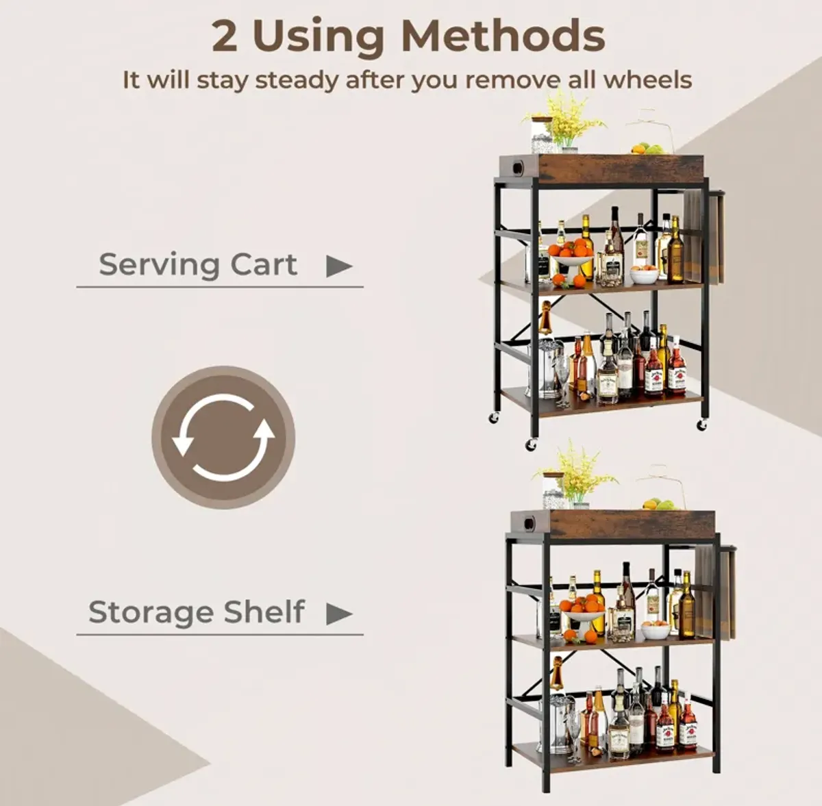 3-Tier Industrial Bar Cart with Detachable Tray for Kitchens-Rustic Brown