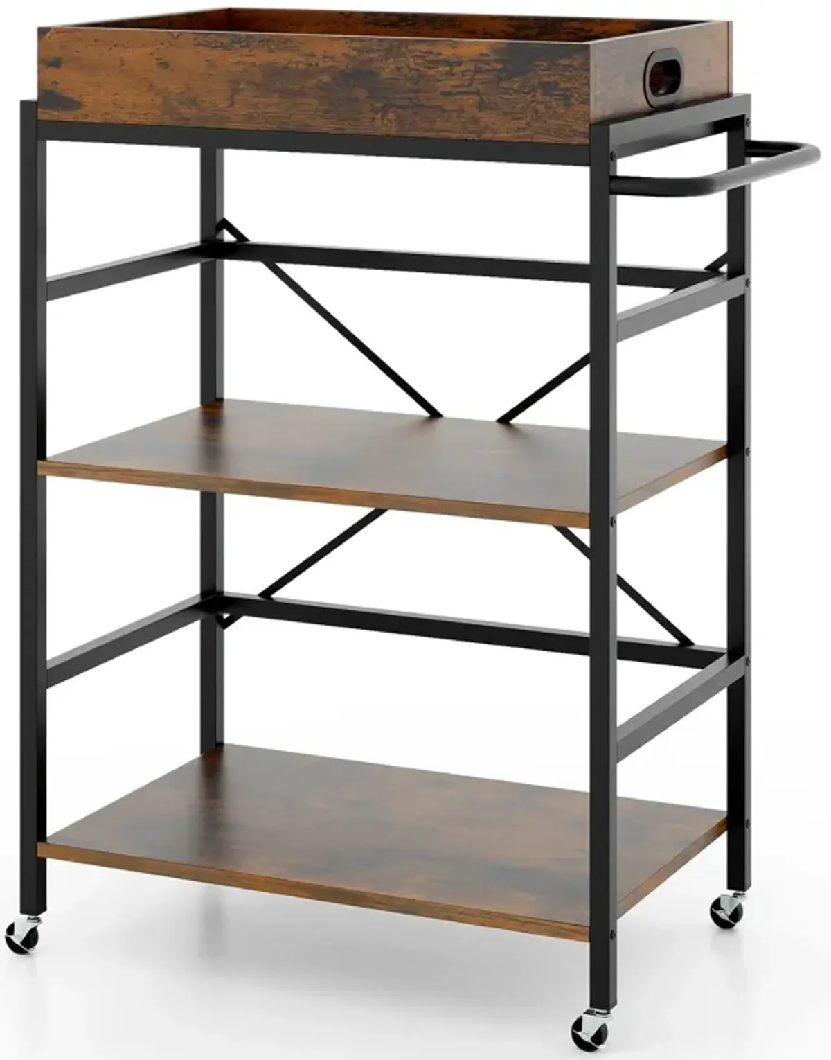 3-Tier Industrial Bar Cart with Detachable Tray for Kitchens-Rustic Brown