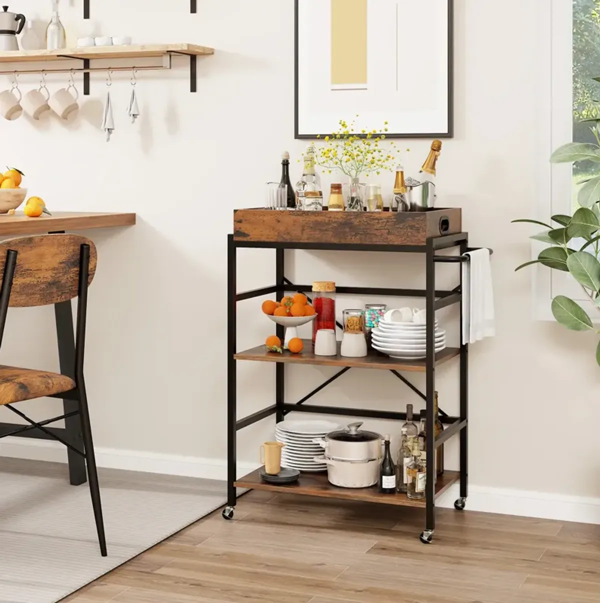 3-Tier Industrial Bar Cart with Detachable Tray for Kitchens-Rustic Brown