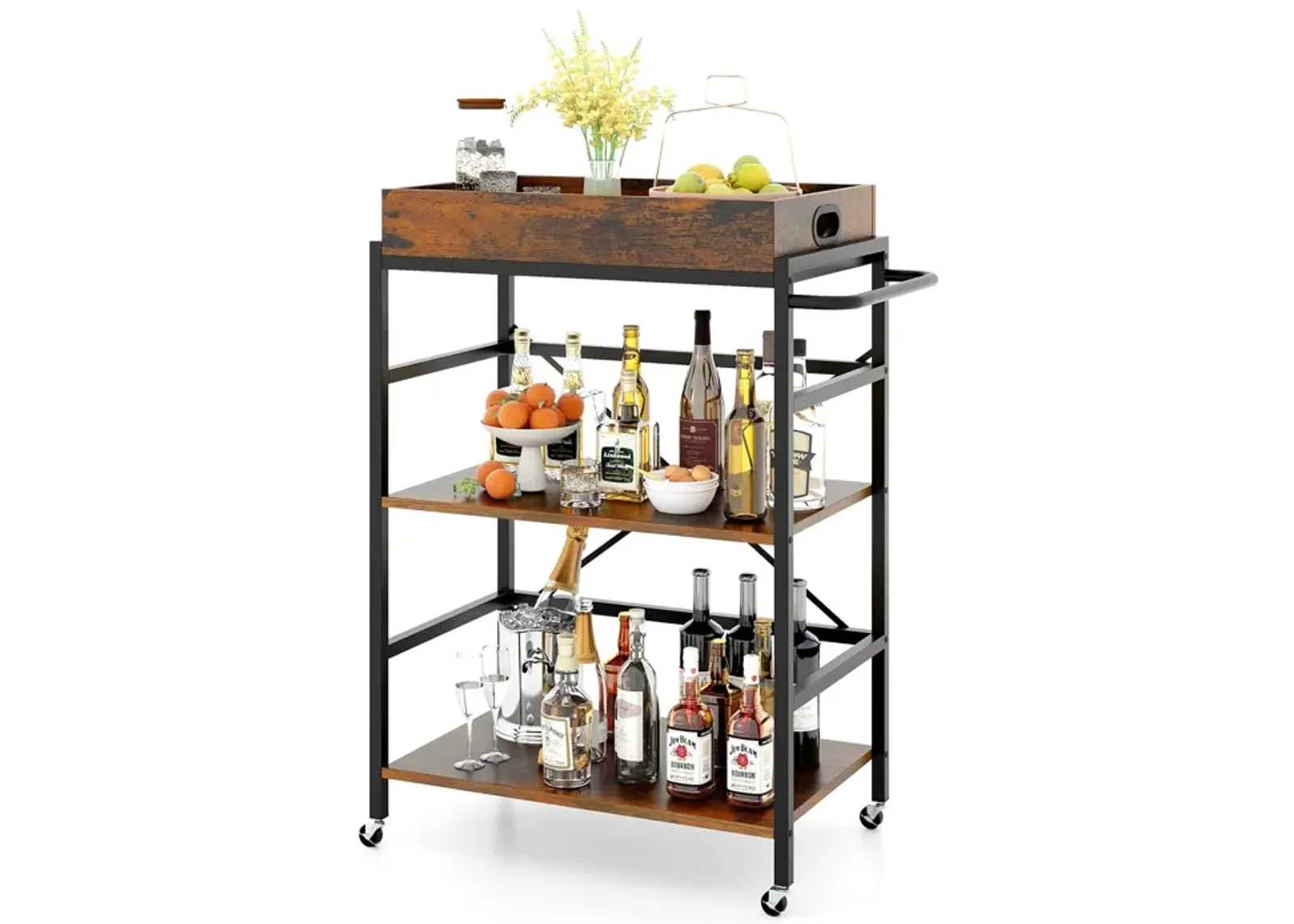 3-Tier Industrial Bar Cart with Detachable Tray for Kitchens-Rustic Brown