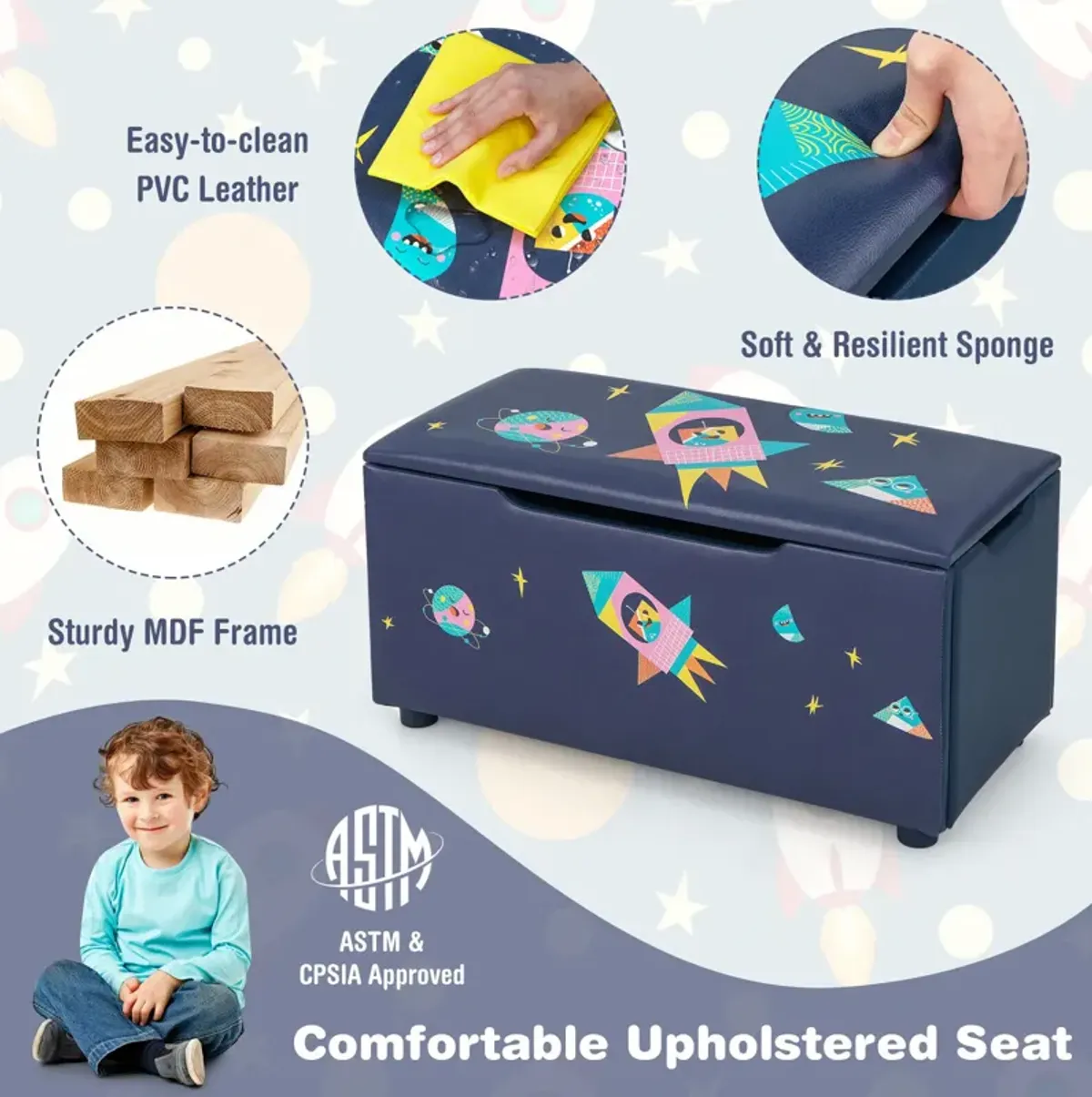 Kids Wooden Upholstered Toy Storage Box with Removable Lid