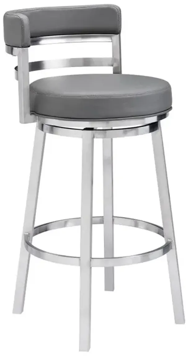 Hivvago 26 Inch Gray And Silver Faux Leather And Iron Swivel Low Back Counter Height Bar Chair