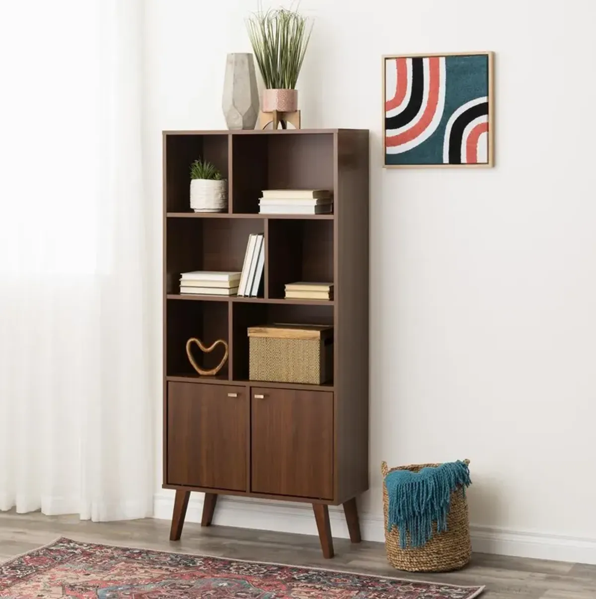 Prepac Milo Mid-Century Modern Bookcase with Six Shelves and Two Doors