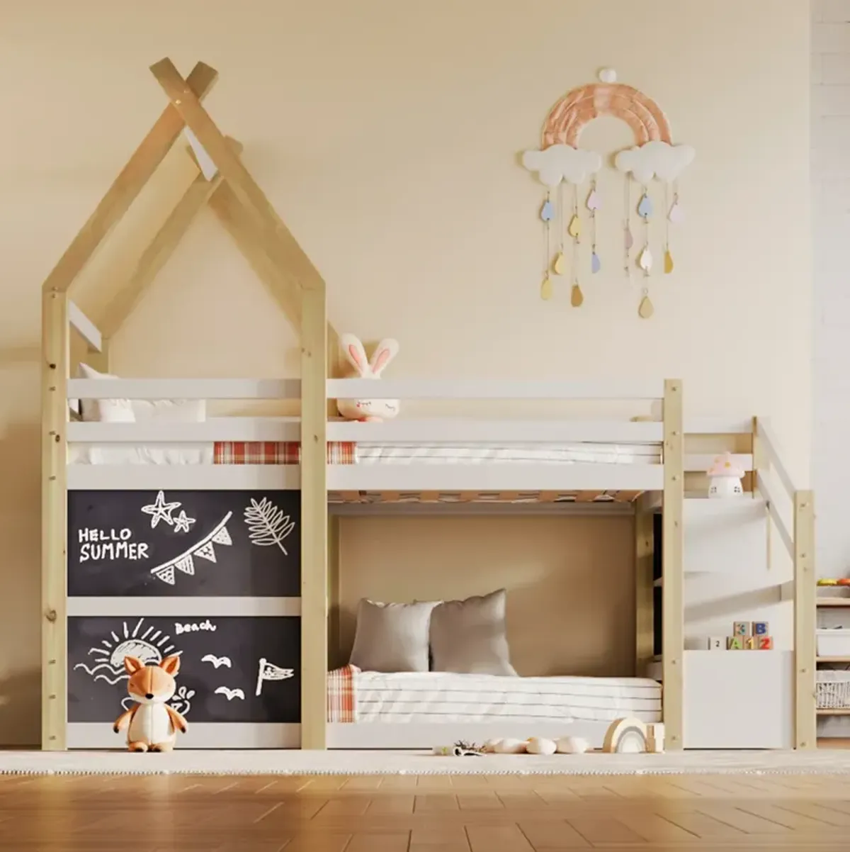 Twin Over Twin House Bunk Bed With White Storage Staircase And 2 Blackboards, White And Natural