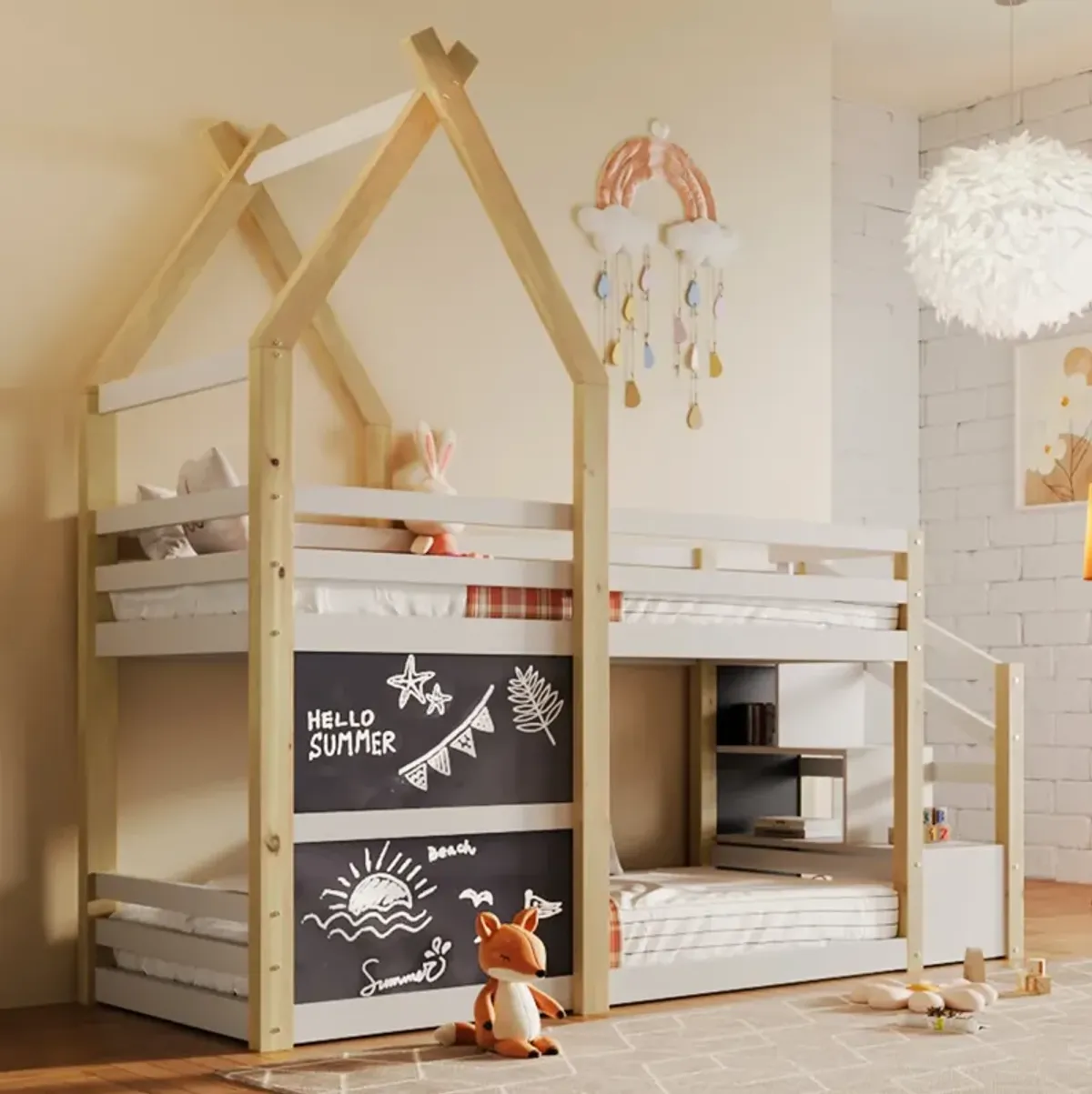 Twin Over Twin House Bunk Bed With White Storage Staircase And 2 Blackboards, White And Natural