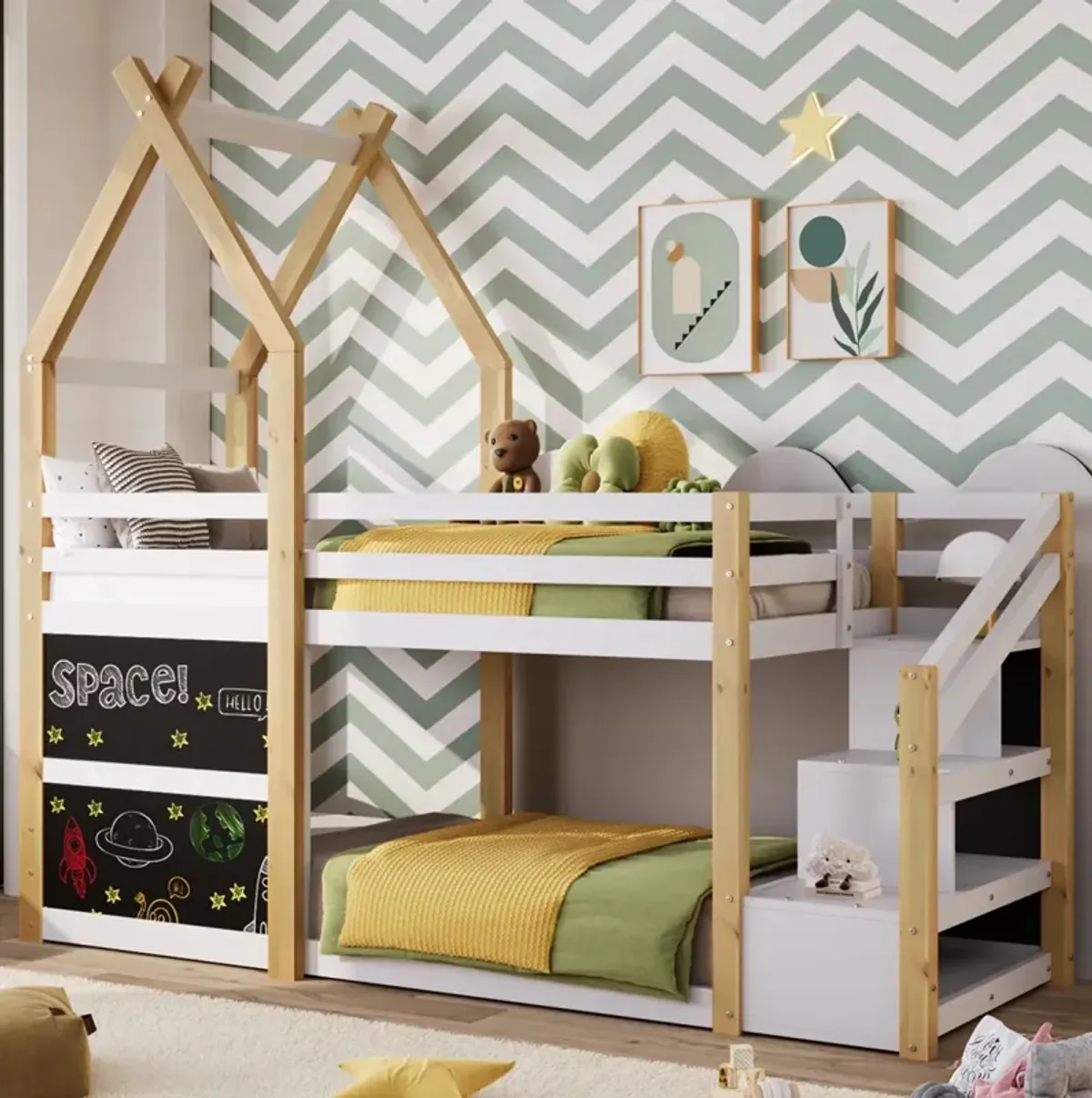 Twin Over Twin House Bunk Bed With White Storage Staircase And 2 Blackboards, White And Natural