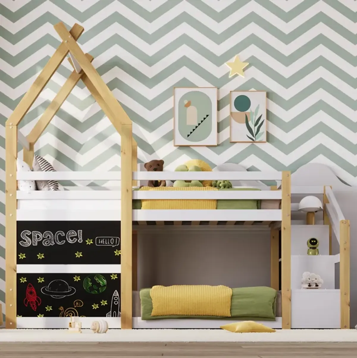 Twin Over Twin House Bunk Bed With White Storage Staircase And 2 Blackboards, White And Natural