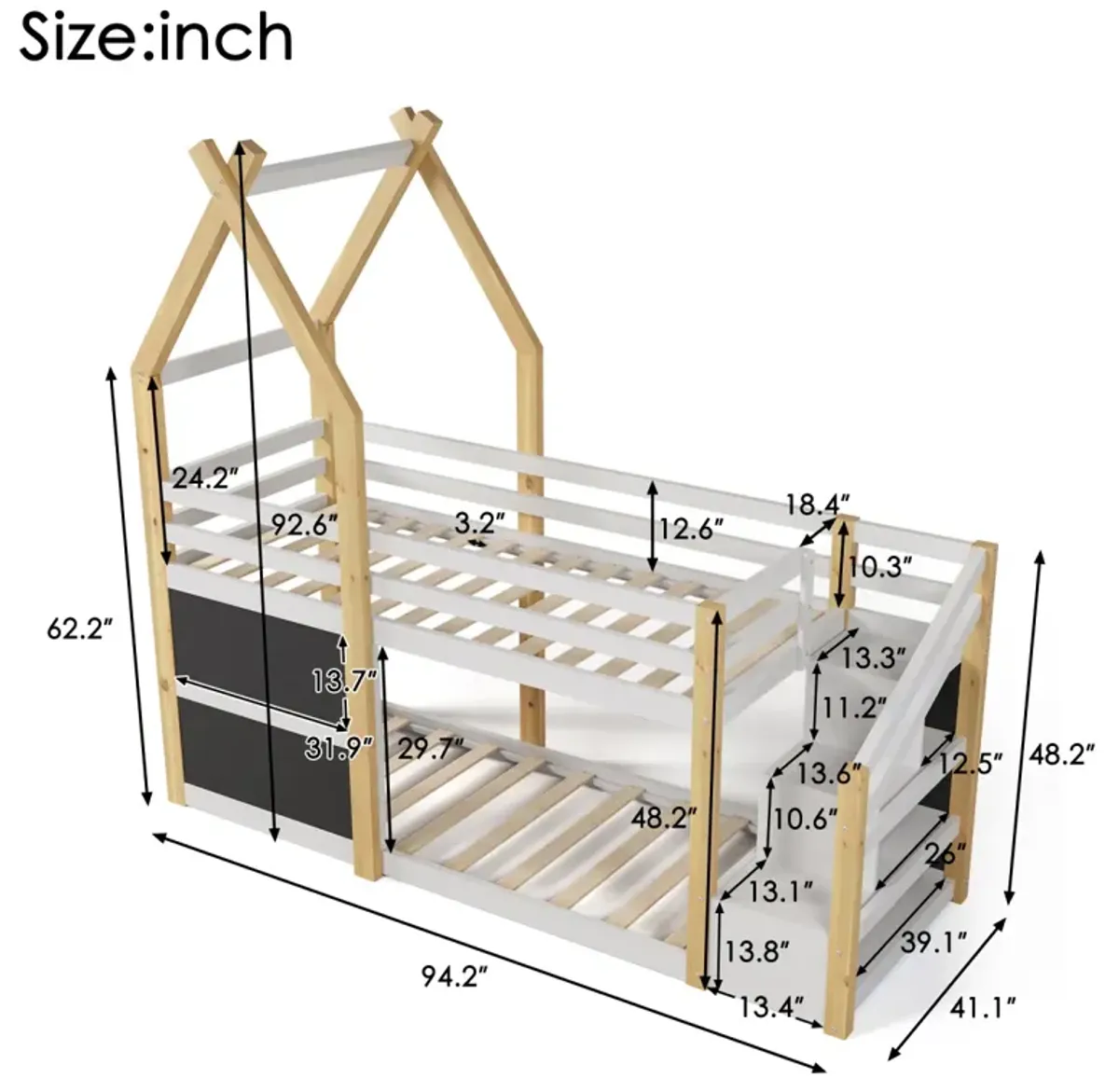 Twin Over Twin House Bunk Bed With White Storage Staircase And 2 Blackboards, White And Natural