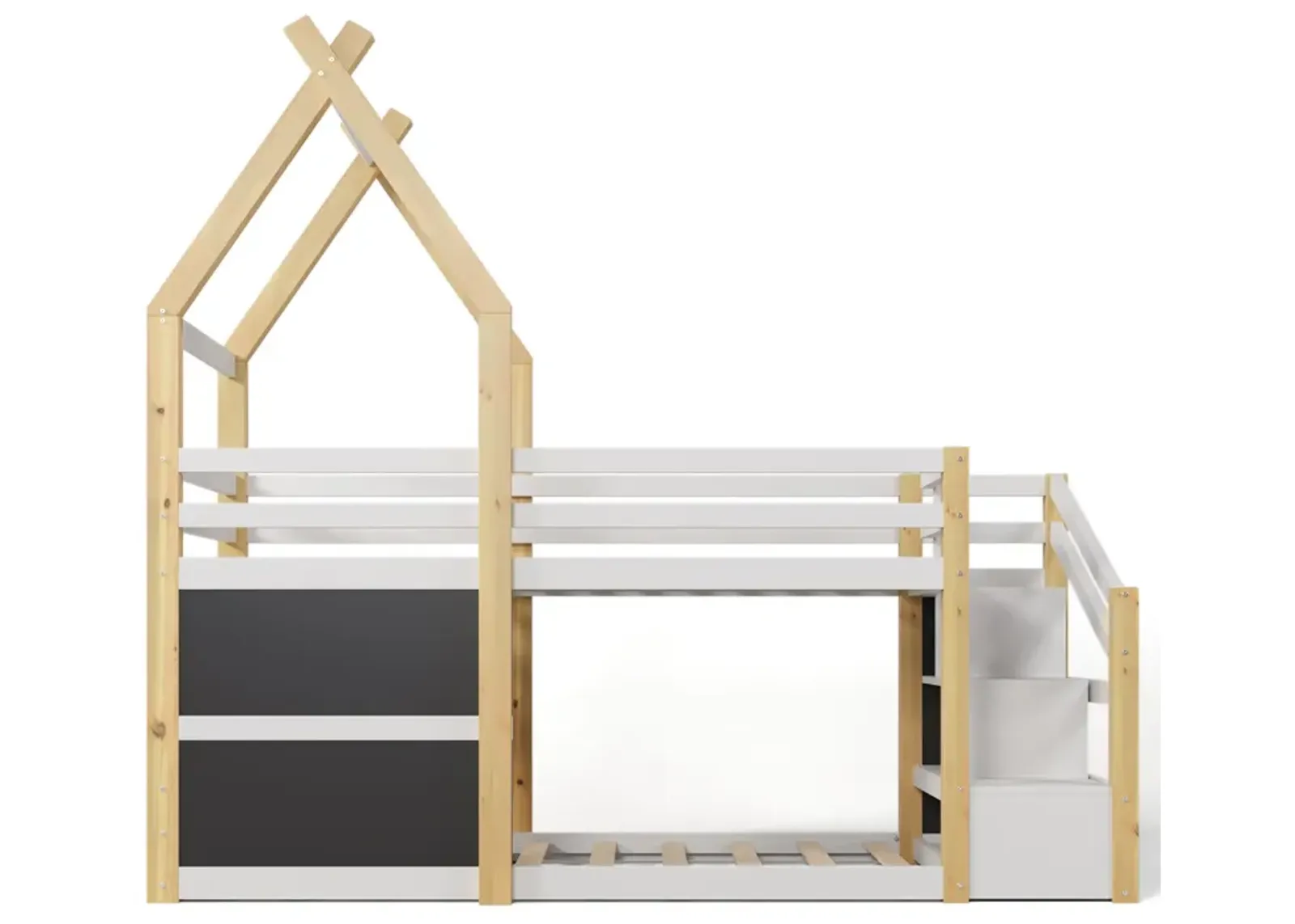 Twin Over Twin House Bunk Bed With White Storage Staircase And 2 Blackboards, White And Natural