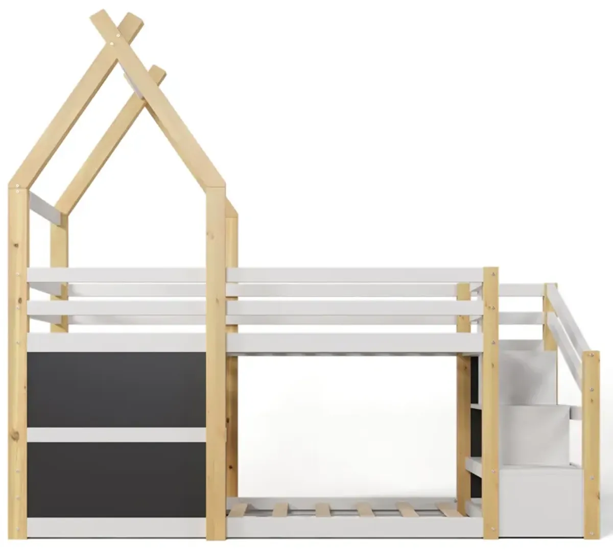 Twin Over Twin House Bunk Bed With White Storage Staircase And 2 Blackboards, White And Natural