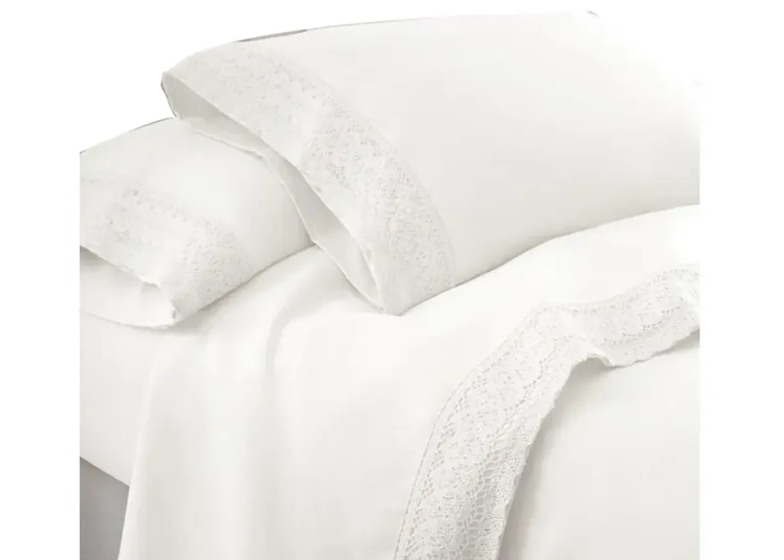 Udine 4 Piece Full Size Microfiber Sheet Set with Crochet Lace The Urban Port, White-Benzara