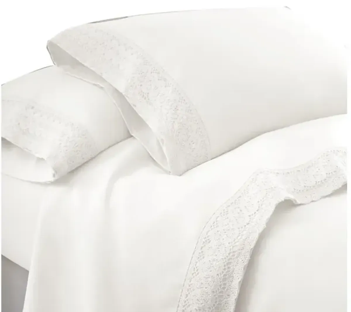 Udine 4 Piece Full Size Microfiber Sheet Set with Crochet Lace The Urban Port, White-Benzara