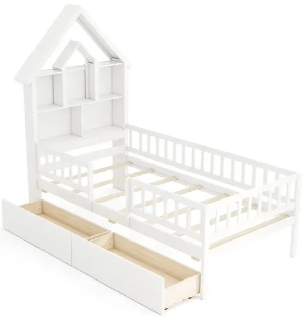 Montessori Bedroom Bed for Kids with House-Shaped Storage Headboard
