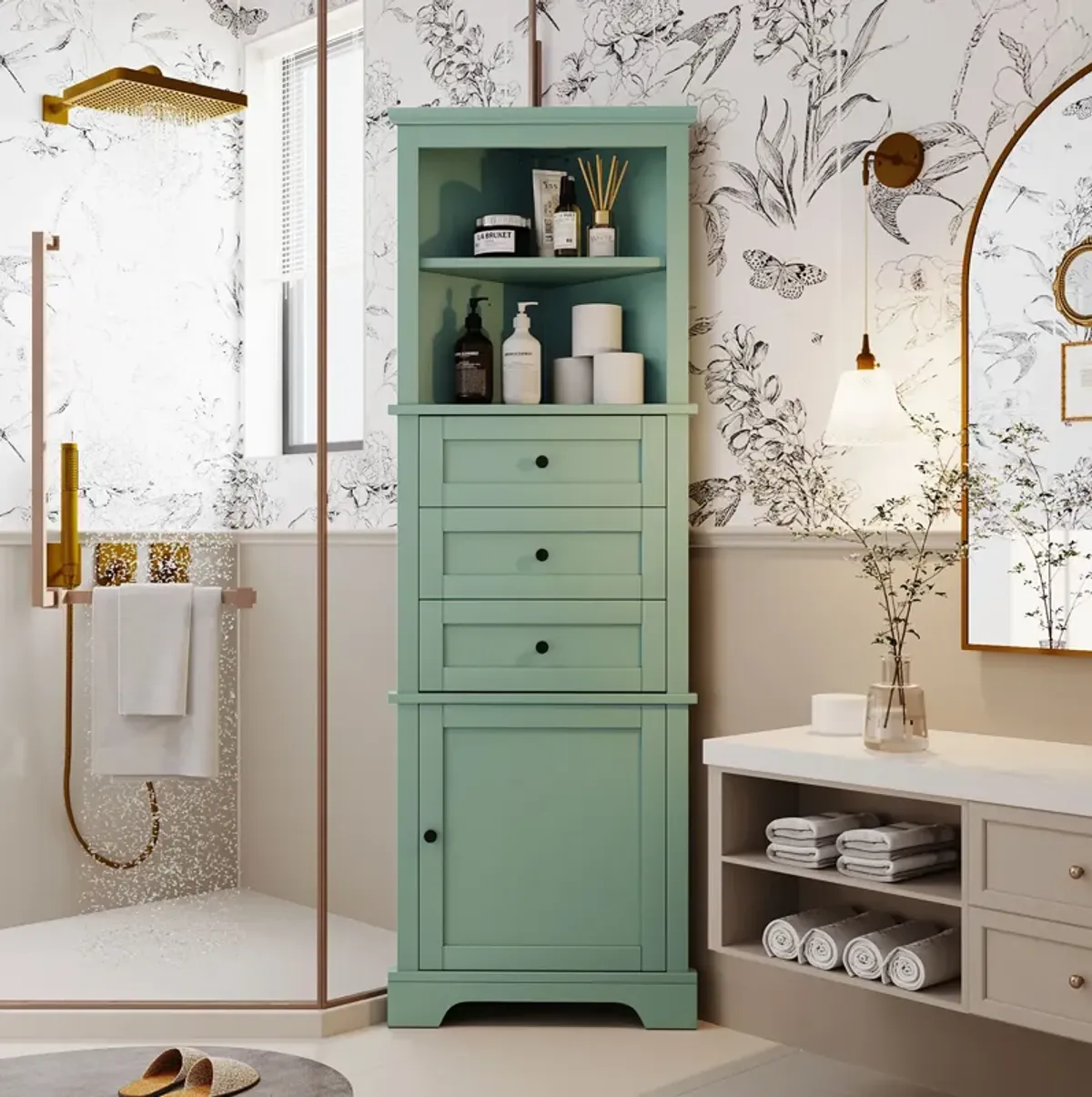 Merax Triangle Tall Bathroom Cabinet with 3 Drawers