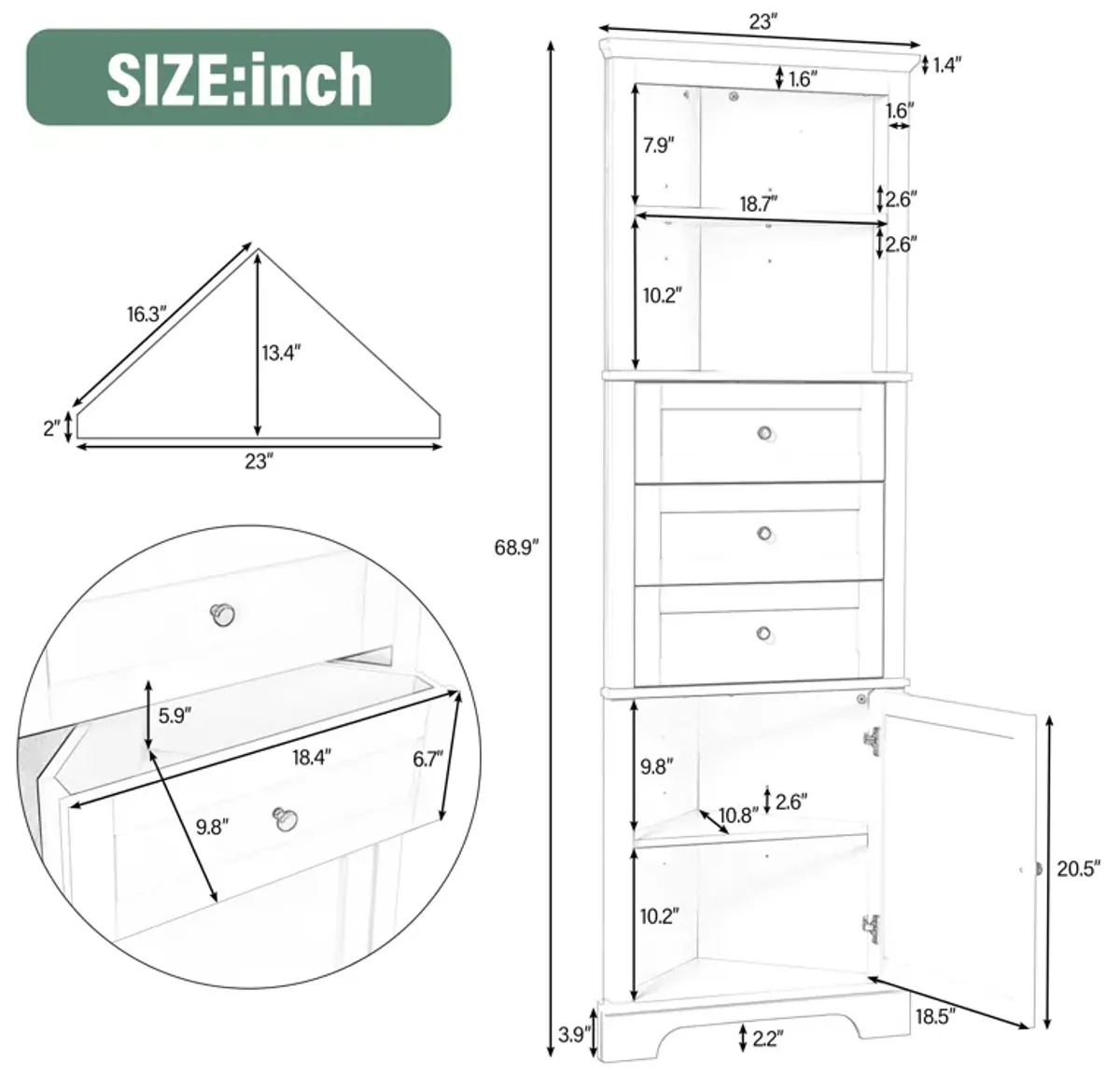 Merax Triangle Tall Bathroom Cabinet with 3 Drawers