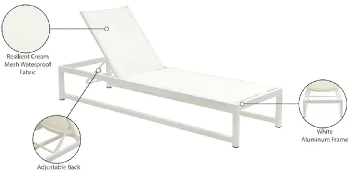 Meridian Furniture Maldives Cream Mesh Water Resistant Fabric Outdoor Patio Sun Chaise Lounge Chair