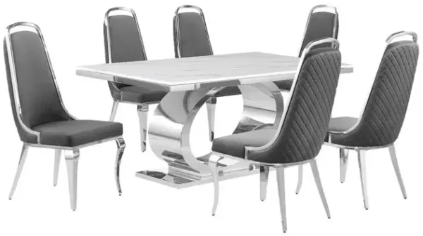 7pc Large(68") marble top dining set with silver base and 6 Dark grey chairs