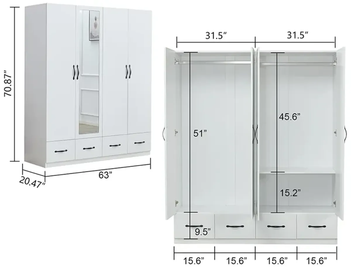 Mirror White Four Doors Freestanding Armoires Wardrobe Cabinet Closet with Hanging Rods Wood Wardrobe Clothes Storage Shelf Four Drawers Tall Bedroom Closet Storage