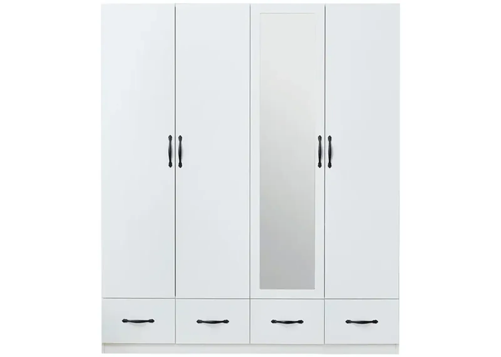 Mirror White Four Doors Freestanding Armoires Wardrobe Cabinet Closet with Hanging Rods Wood Wardrobe Clothes Storage Shelf Four Drawers Tall Bedroom Closet Storage