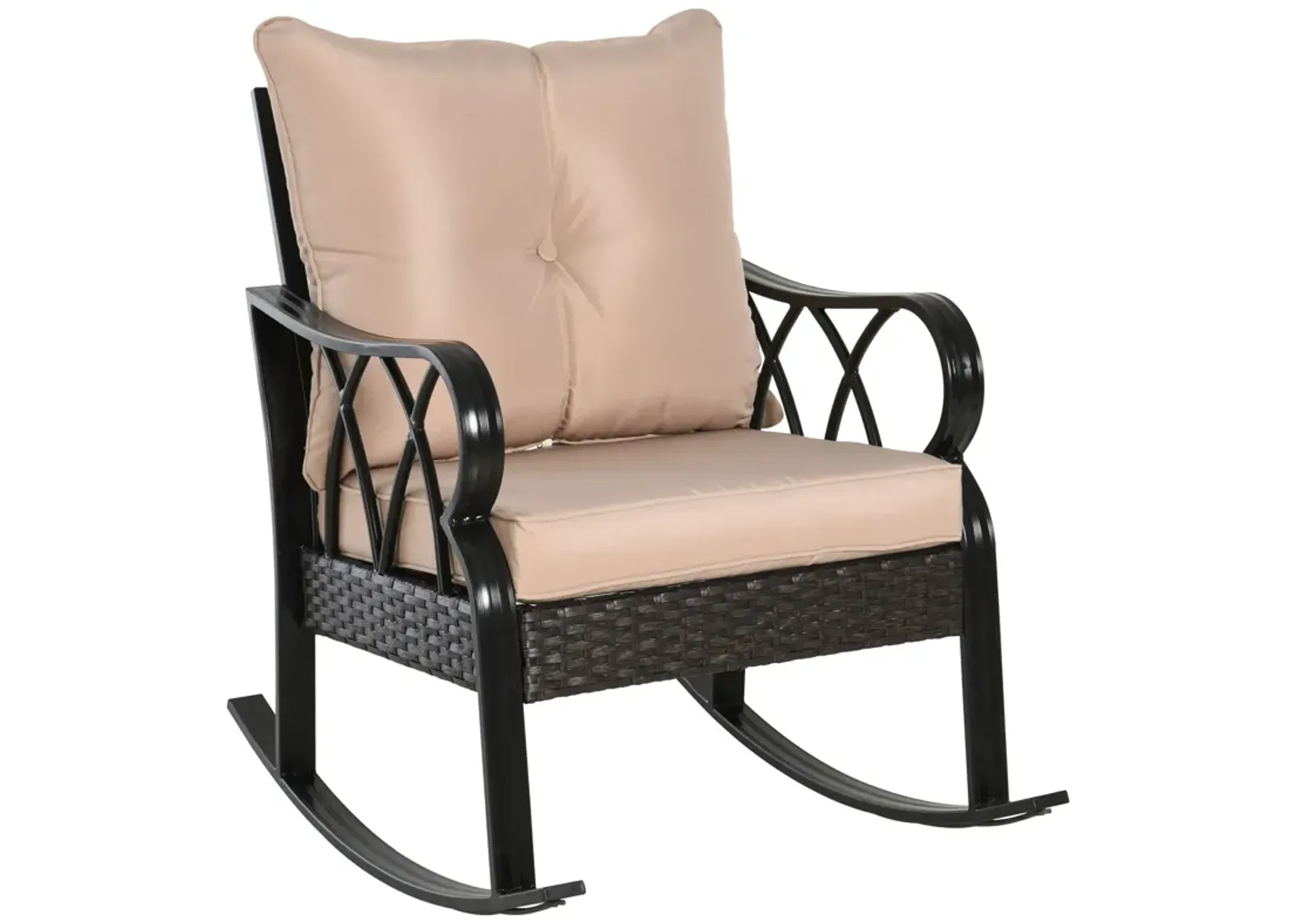 Khaki Porch Rocker: Outdoor Wicker Chair with Padded Cushions