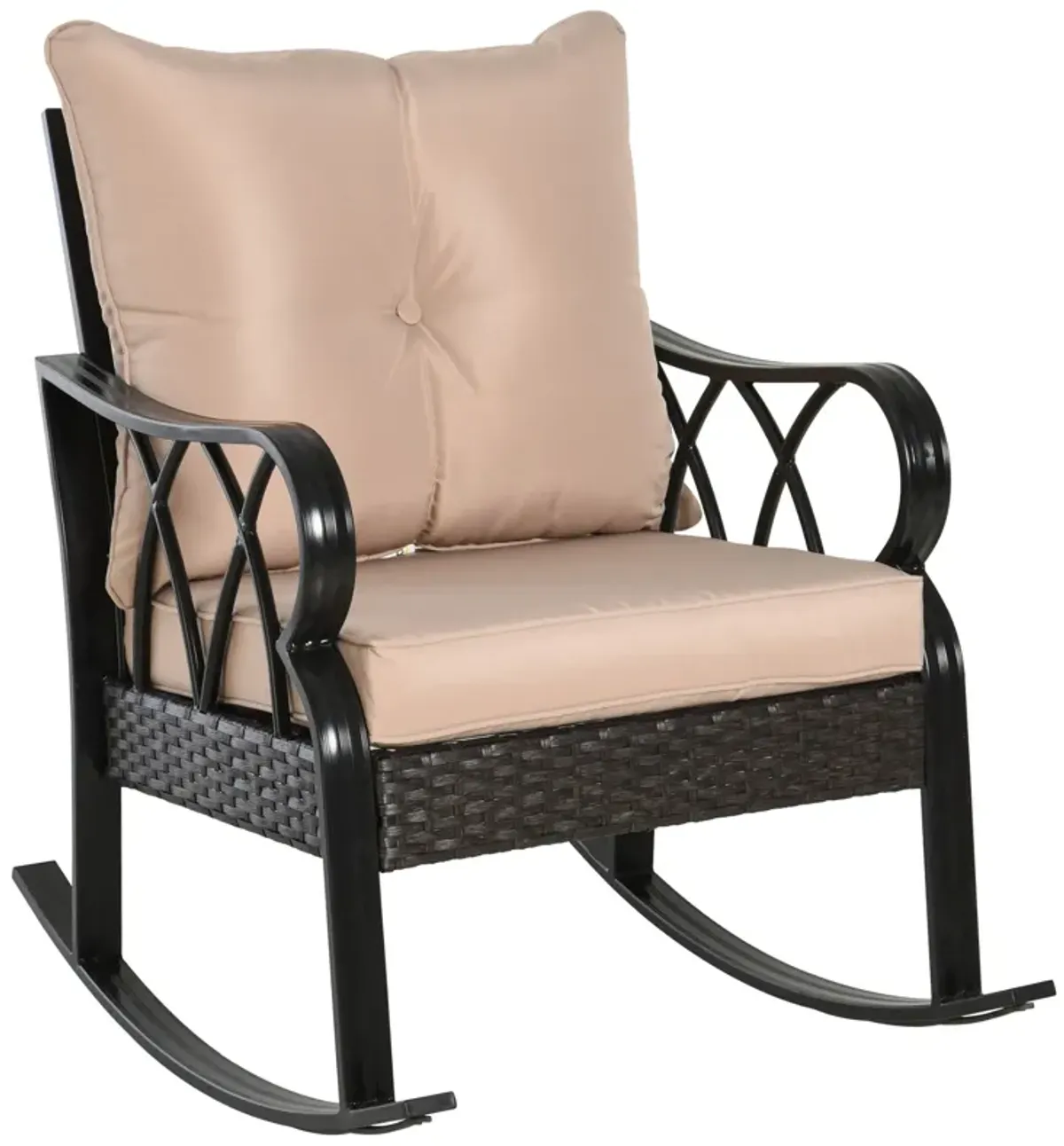 Khaki Porch Rocker: Outdoor Wicker Chair with Padded Cushions